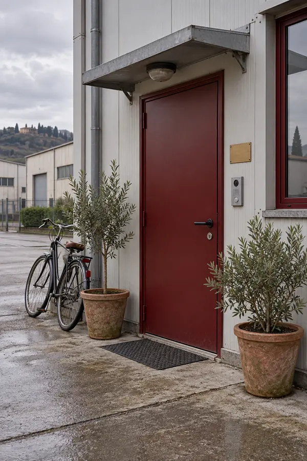 L’ingresso del laboratorio con la porta rossa e due piante di olivo