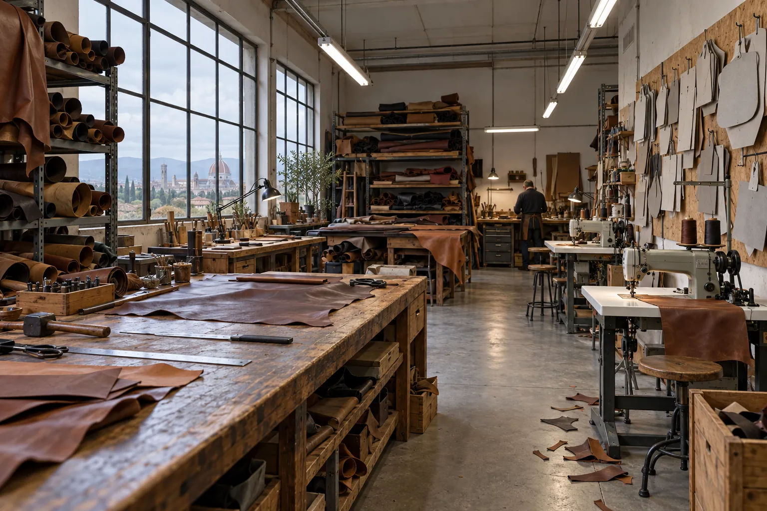 Il laboratorio di Labagaderie: banchi di lavoro, pelli arrotolate sugli scaffali e cartamodelli appesi