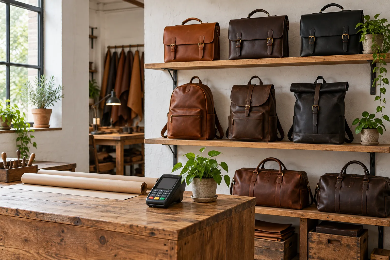 Lo showroom nel laboratorio di Scandicci, con borse sugli scaffali di legno