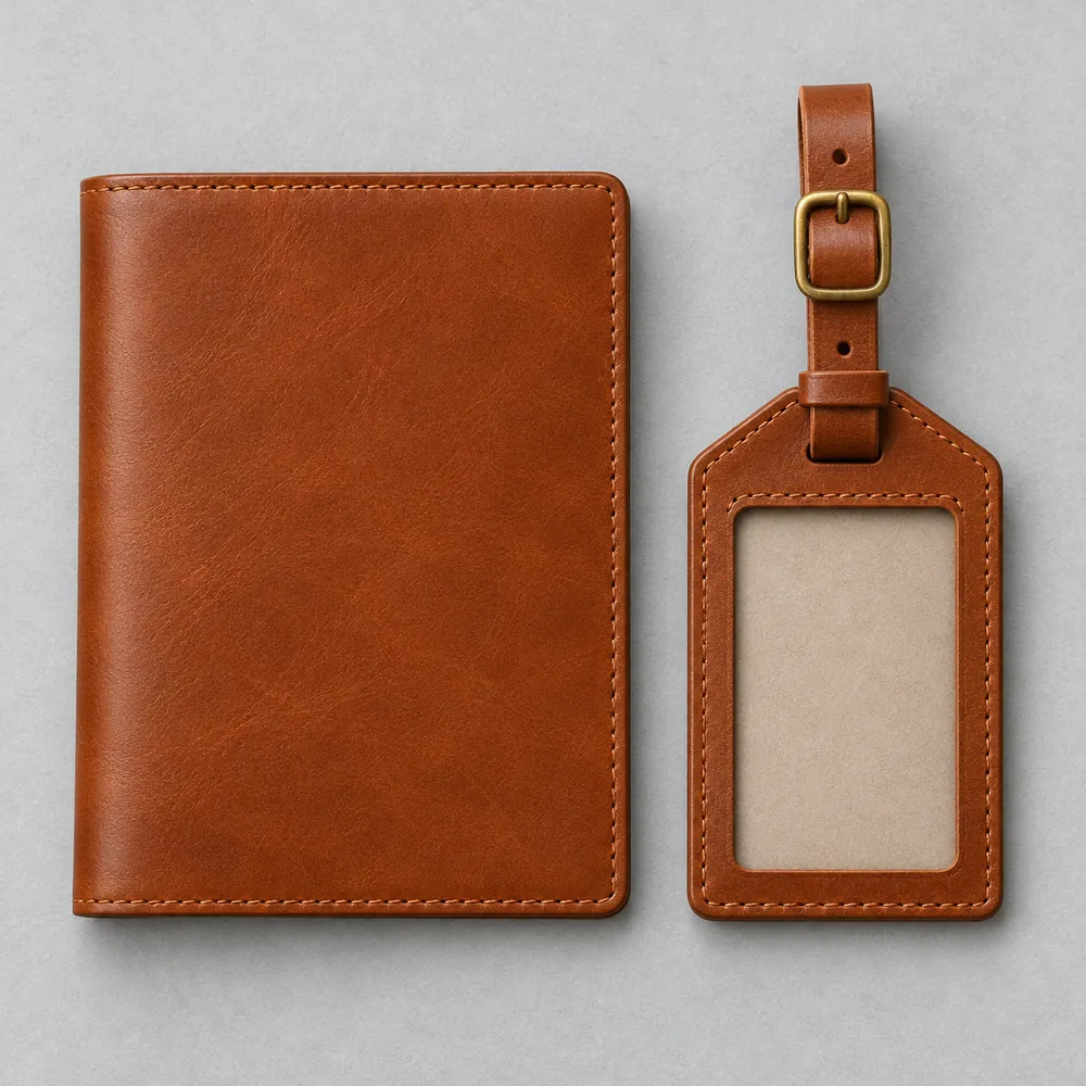 Set da viaggio: porta passaporto ed etichetta bagaglio, colore cognac