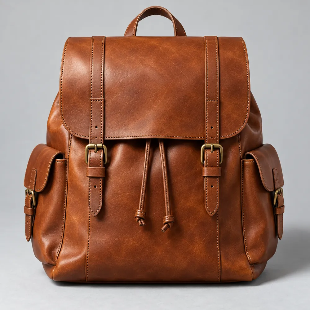 Zaino Oltrarno con patta e fibbie, colore cognac