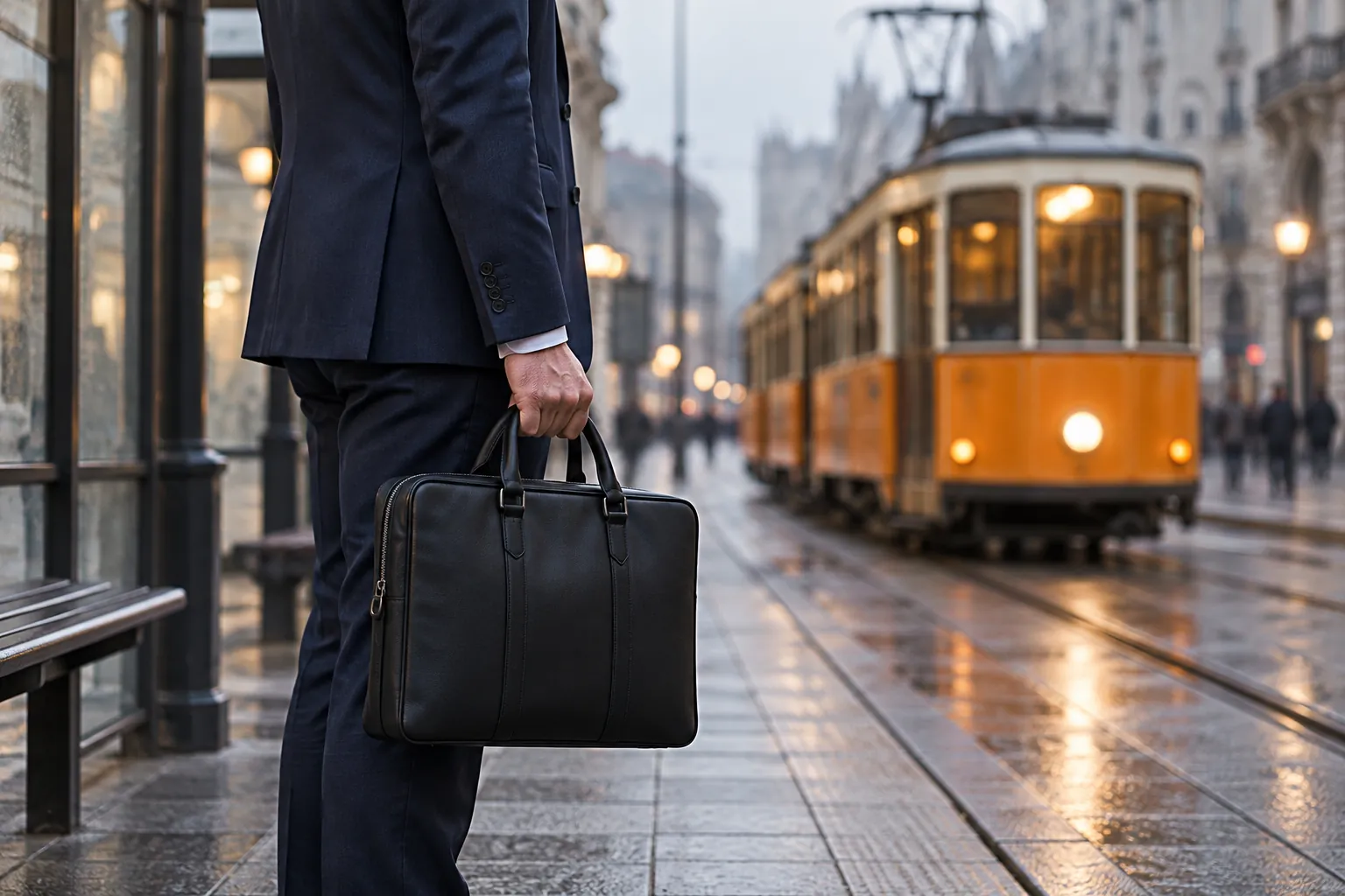 Uomo in abito blu che aspetta il tram con una borsa porta PC nera in mano