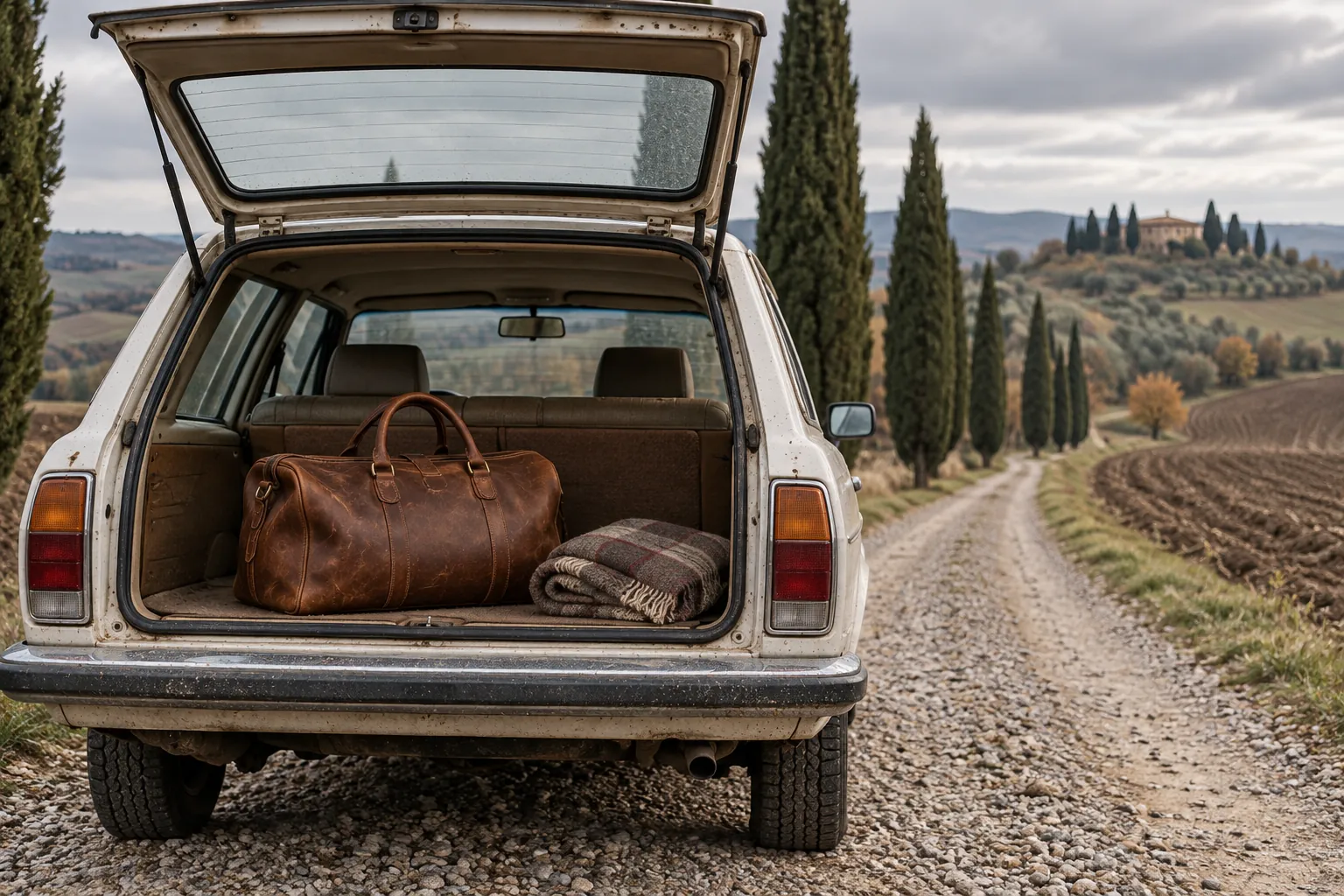 Borsone in pelle ingrassata nel bagagliaio di una station wagon su una strada sterrata toscana
