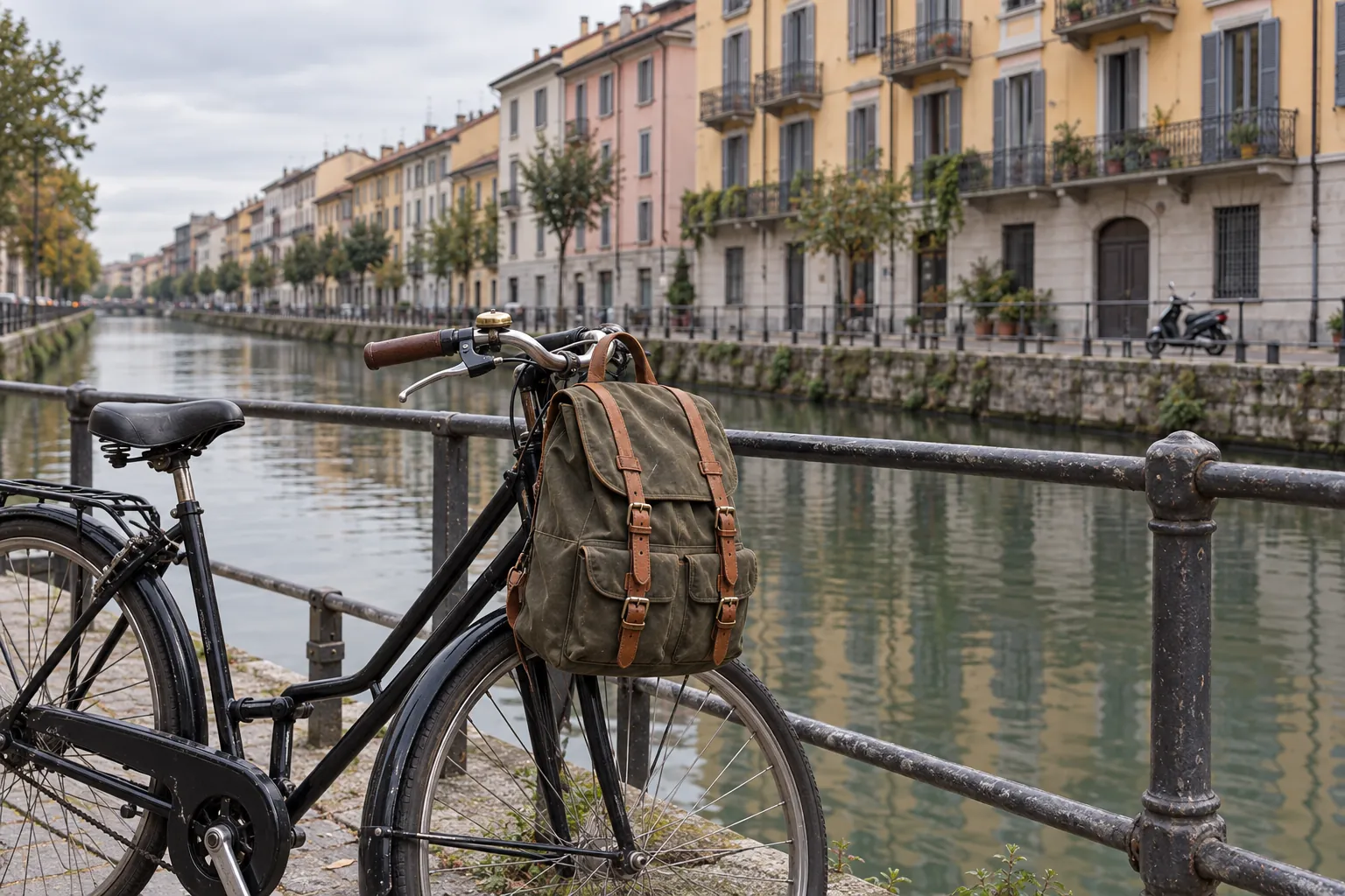 Zaino in tela cerata verde oliva appeso al manubrio di una bicicletta lungo un canale