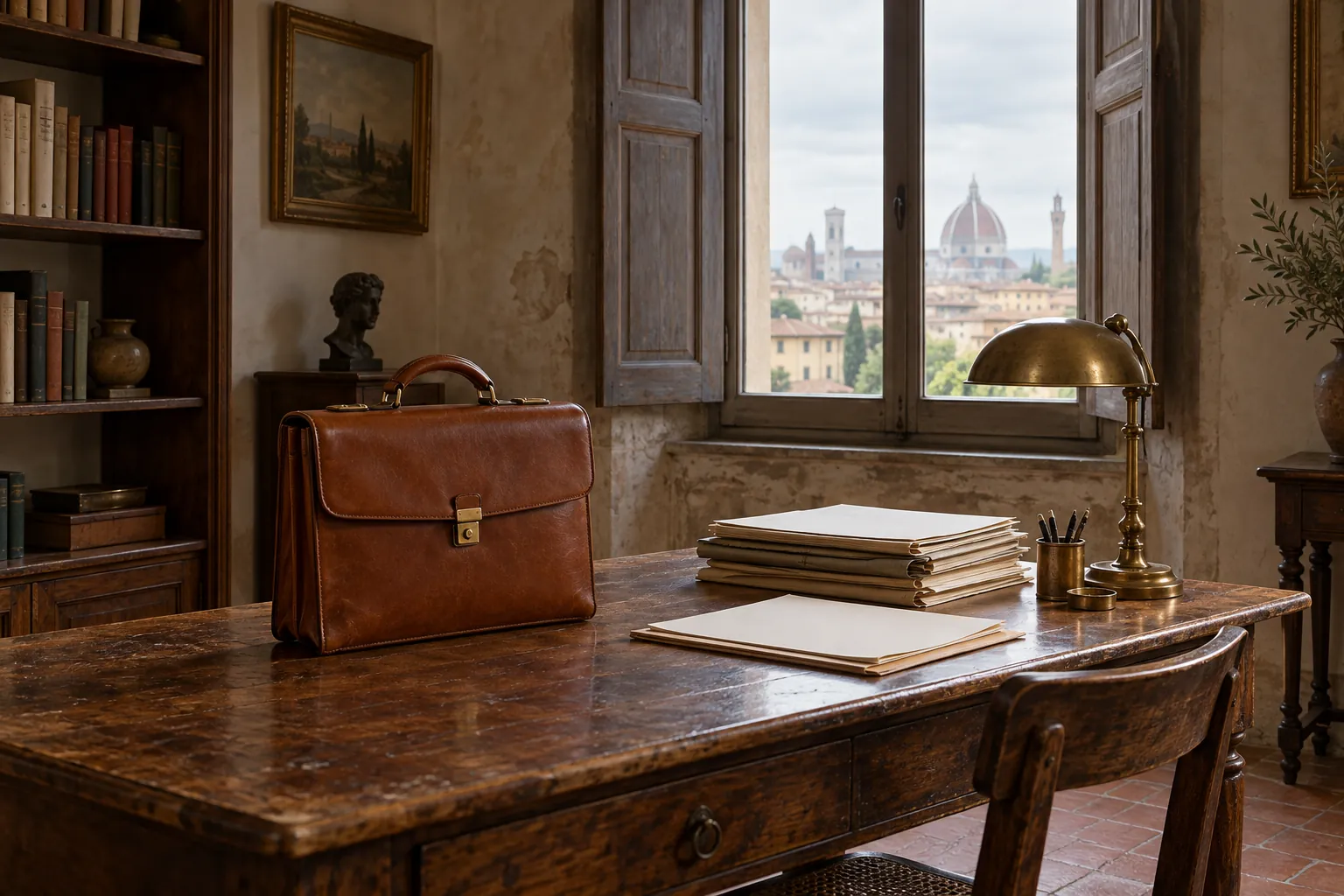 Cartella in vacchetta color cognac su una scrivania di noce in uno studio fiorentino