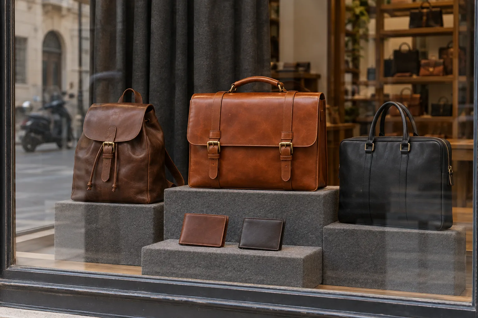 Vetrina della bottega con la cartella Oltrarno color cognac su un ripiano di feltro, tra uno zaino marrone e una borsa porta PC nera